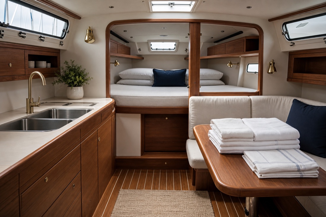 Tidy below deck yacht cabin with folded sheets and clean timber surfaces