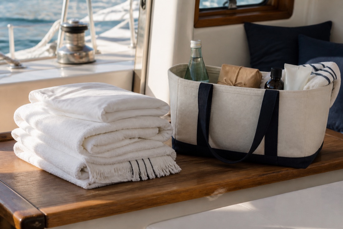 Folded boat linens and essentials tote on a tidy yacht table in harbour light