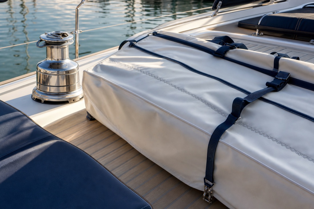 Neatly packed sail bag on a clean yacht deck after packdown